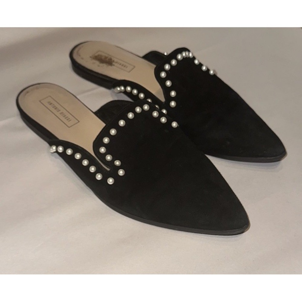 Antonio Biaggi black suede mules pointed toe accented with pearl studs‎ Size 40